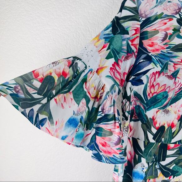 H&M Womens Dress Size 4 White Floral Ruffle Sleeve Viscose Tropical - Picture 6 of 8